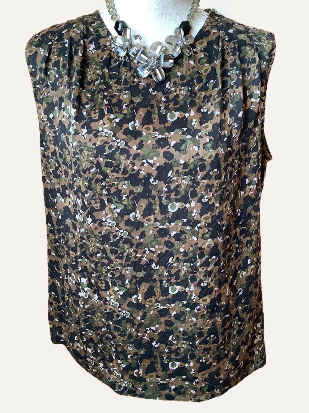 Essentiel Antwerp Silk Tank Top EU 42 US 10 Olive Green Brown Abstract Blouse